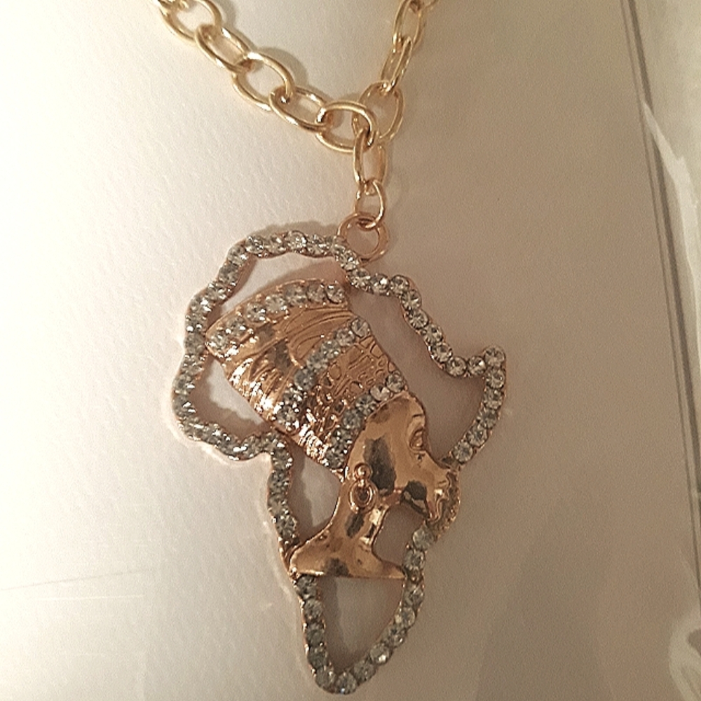 Gold Egyptian Nefertiti African Necklace Crystal accents 20"-24"in chain NEW